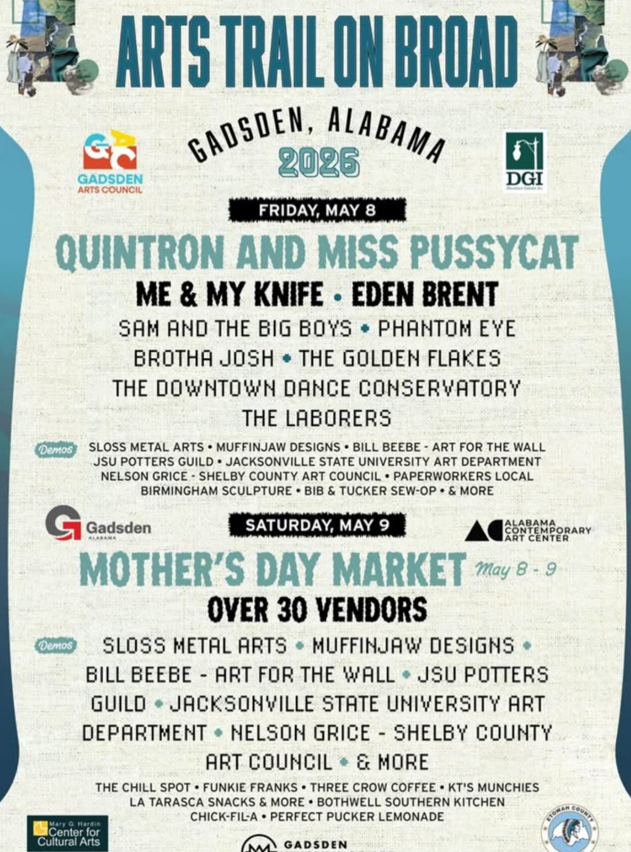 Flyer for "Arts Trail on Broad," Gadsden, Alabama, 2026, listing Friday, May 8 music acts and a Saturday, May 9 Mother's Day Market with over 30 vendors, including the JSU Potters Guild.